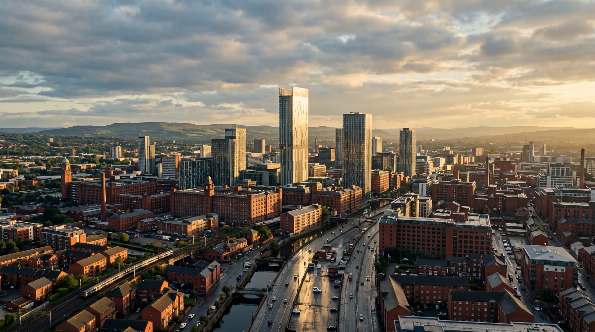 The Manchester skyline at golden hour, the destination for IPPE soccer tours in England
