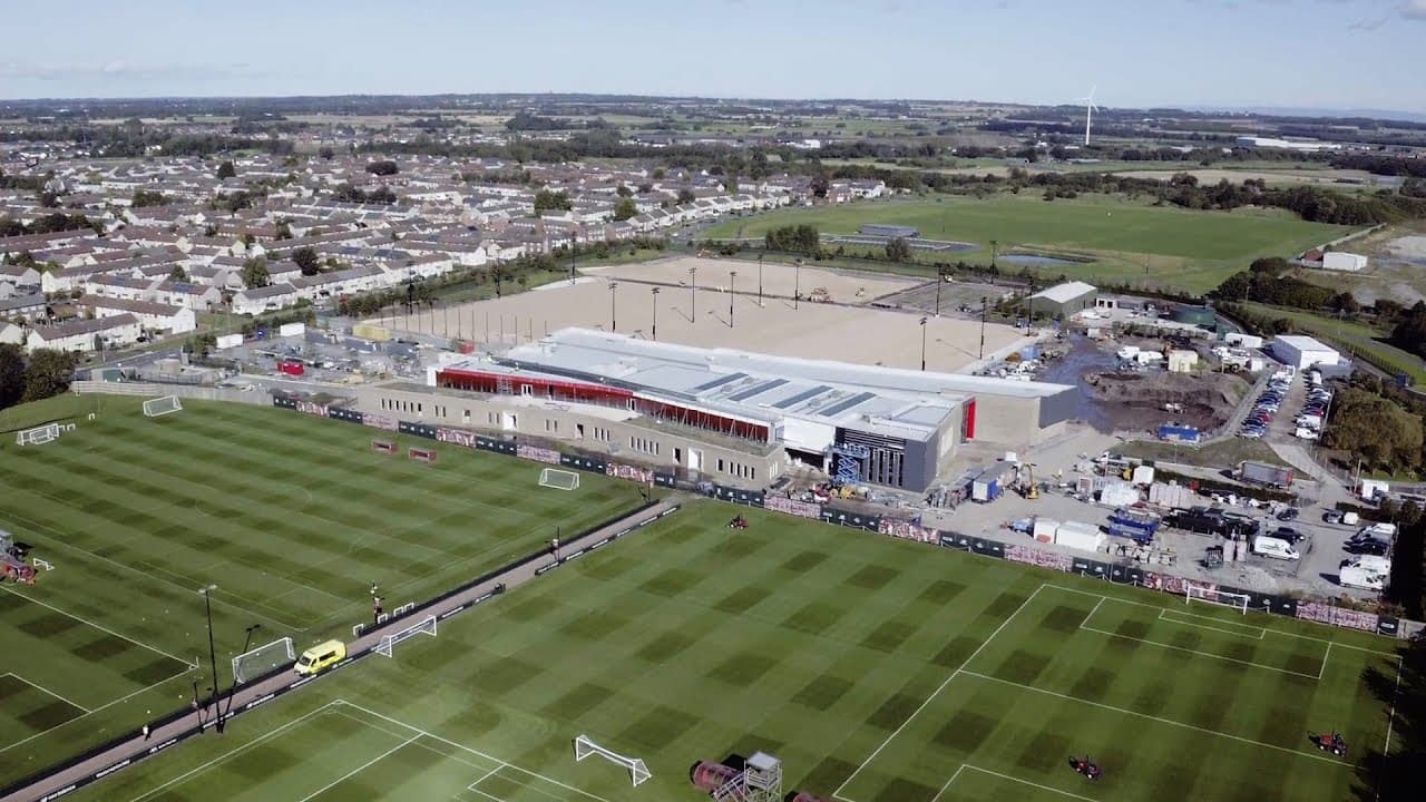 Aerial view of the professional training complex and pitches at Kirkby, Merseyside.