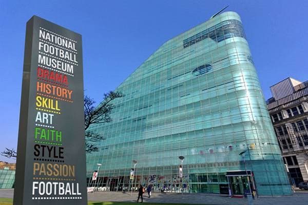 The glass exterior of the National Football Museum in Manchester.