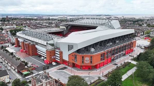 Aerial view of Anfield, home of Liverpool FC, surrounded by the streets of the city.